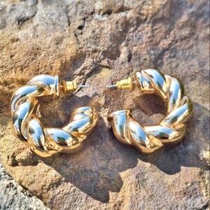 Chunky Gold Tone Twist Hoop Earrings